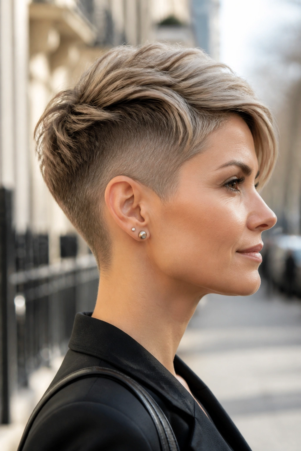 Side profile of a woman with an undercut pixie haircut.