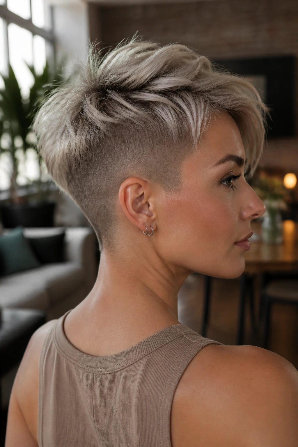 Real woman with an undercut pixie showing shaved underside and longer top