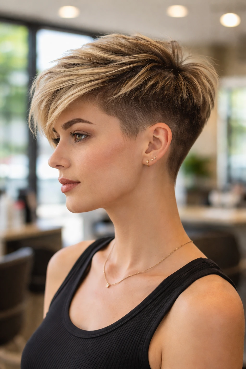 Close-up portrait of a real person with an undercut pixie hairstyle