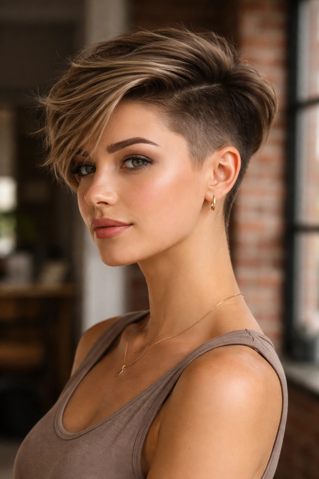 Real person with undercut pixie hairstyle in bright loft setting
