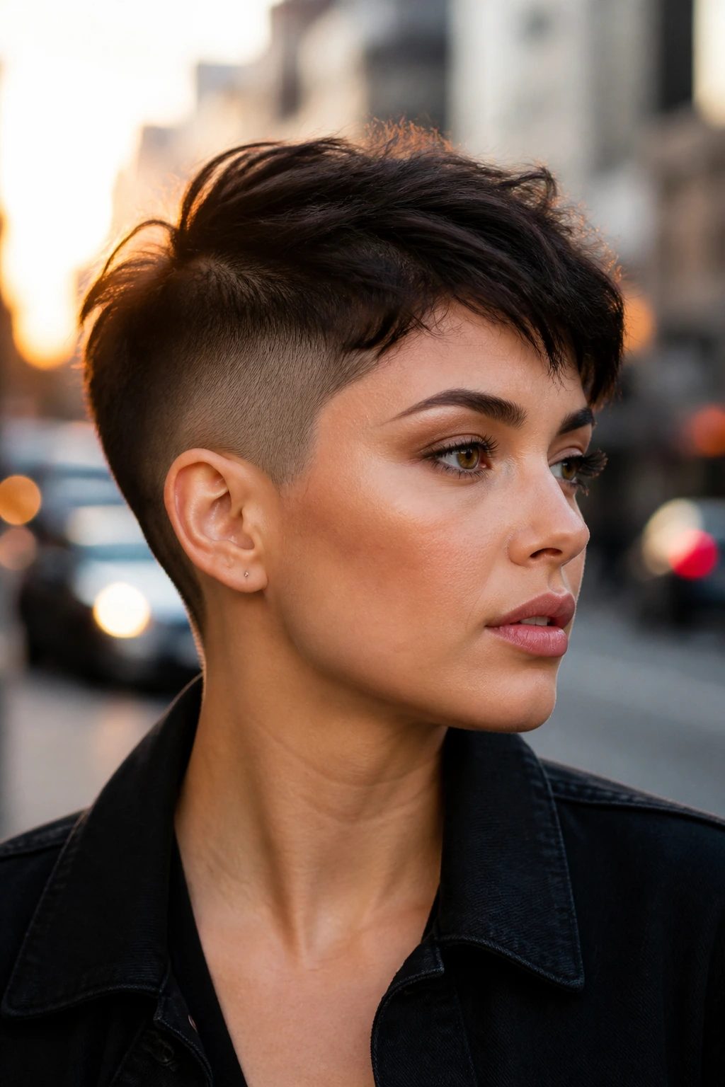 Close-up of a woman with an undercut pixie on a city street at dusk