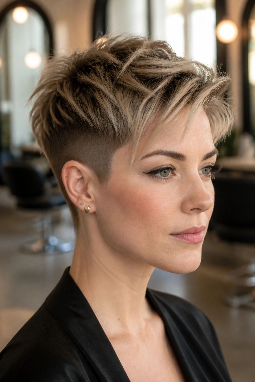 Close-up portrait of a real woman with an undercut pixie hairstyle in a salon setting