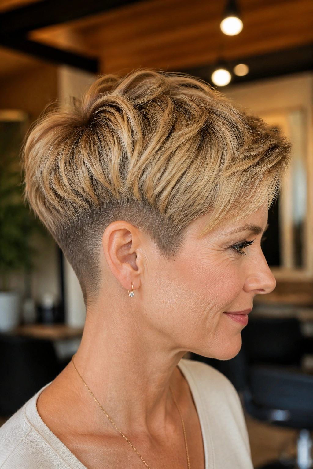Profile portrait of a woman with undercut pixie at the nape and honey blonde top