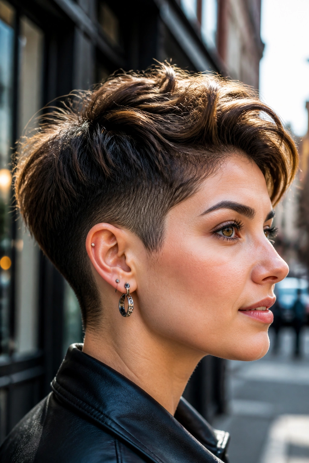 Real woman with undercut pixie showing lift at crown and undercut at nape.