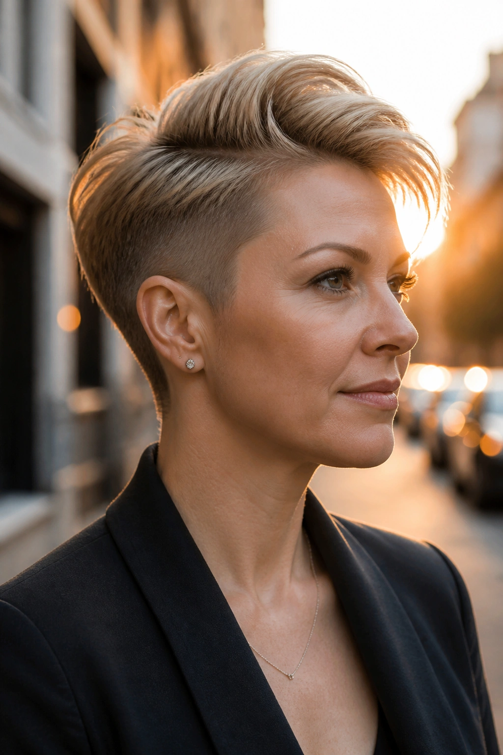 Close-up of a real woman with undercut pixie and lifted top beige blonde roots