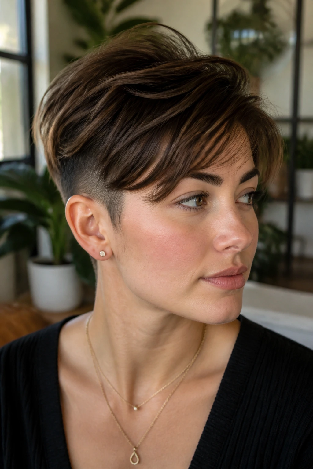 Portrait of a woman with long pixie and hidden undercut