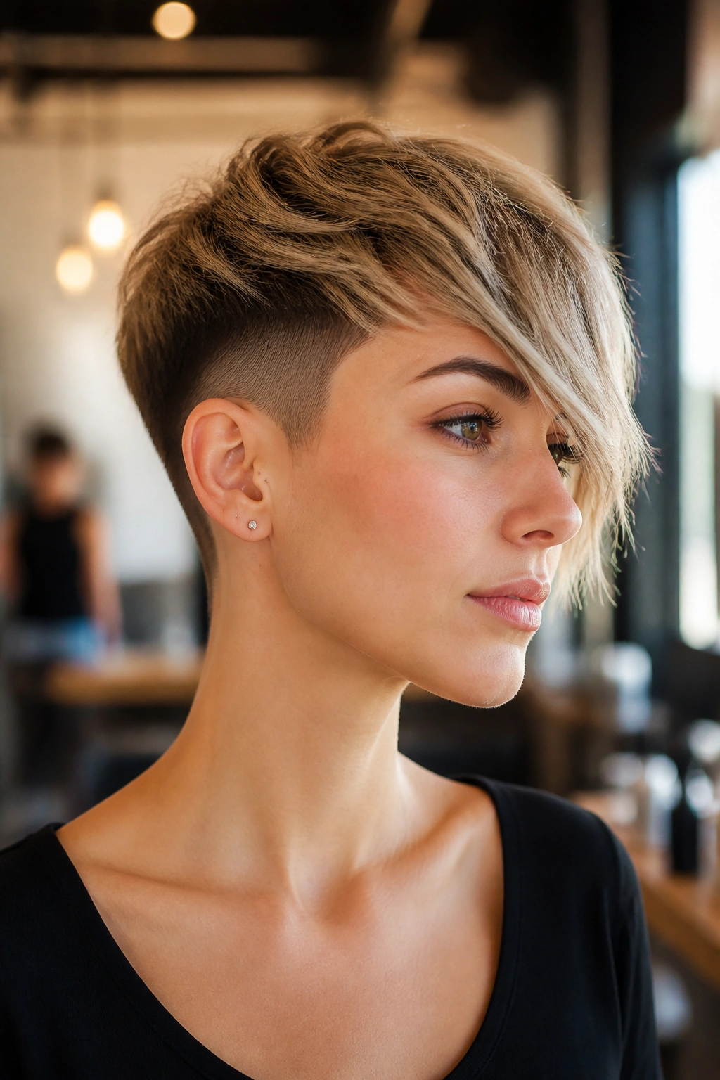 Close-up portrait of a real woman with an undercut pixie and long fringe.