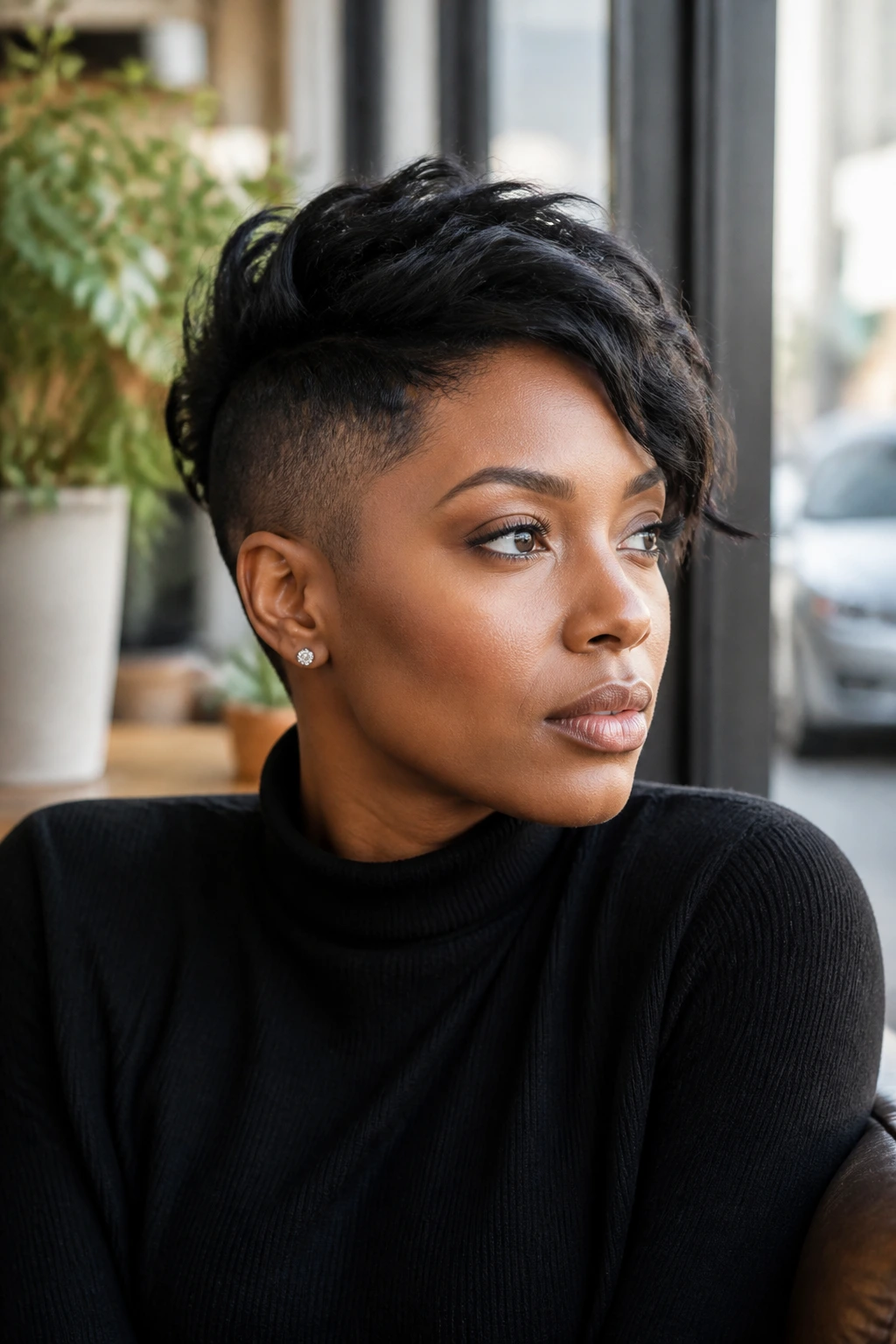 Close-up of a Black woman with undercut pixie and longer top in a cafe window setting
