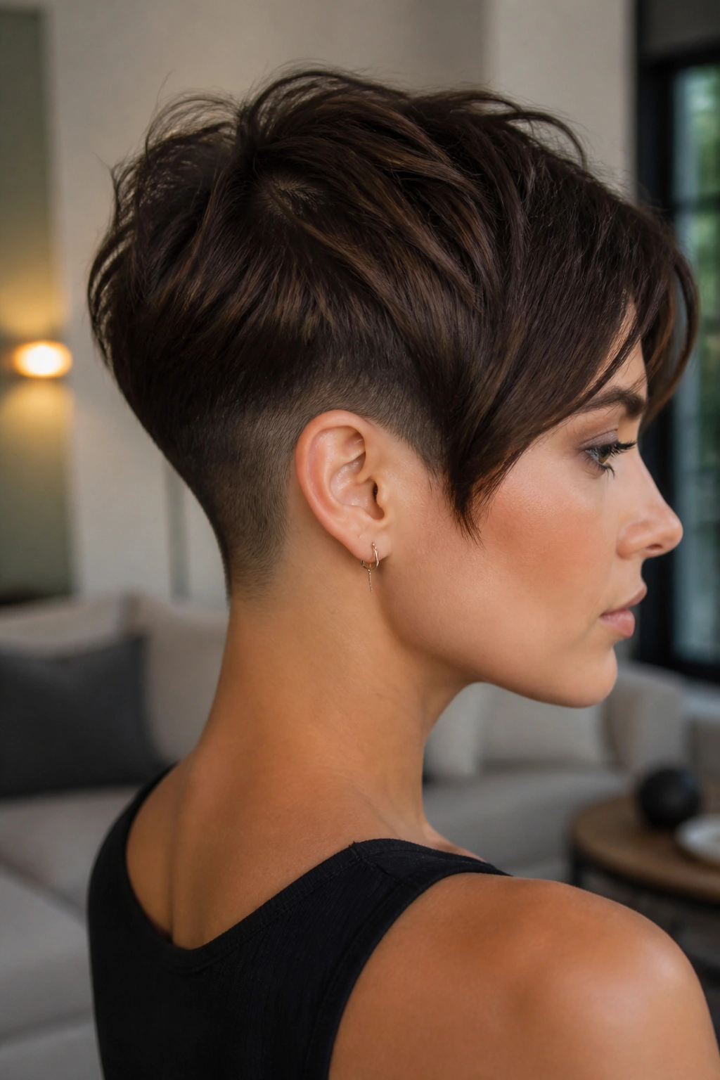 Close-up portrait of a real woman with undercut pixie and a long top