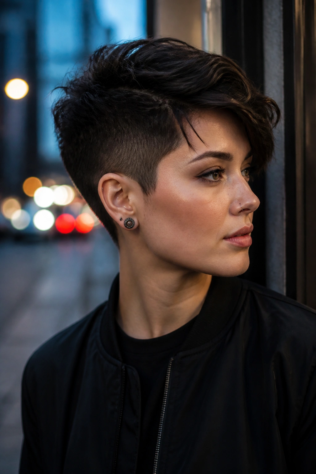 Real person with undercut pixie and long top in urban dusk light.