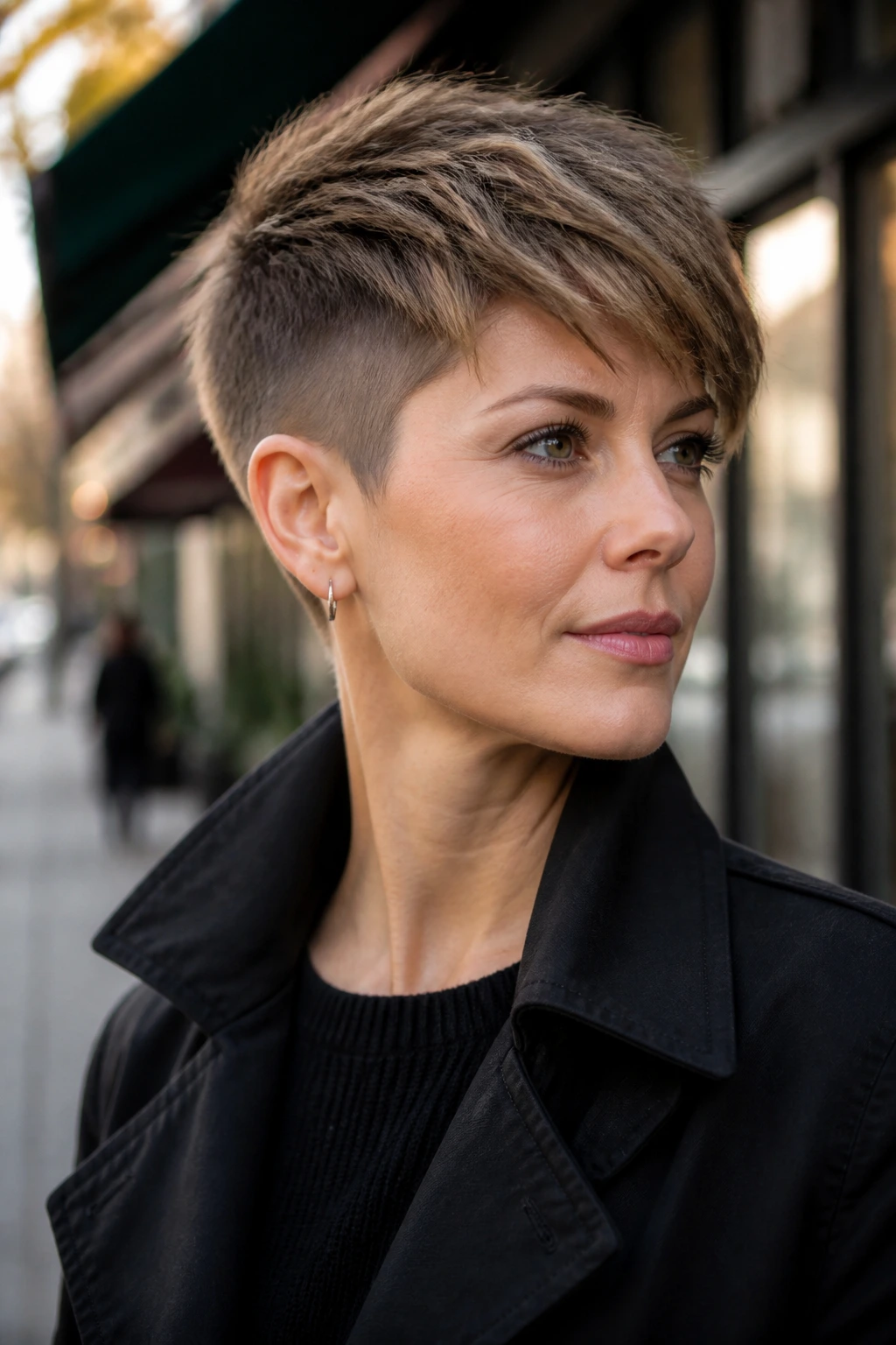 Portrait of a real person with an undercut pixie and longer top.