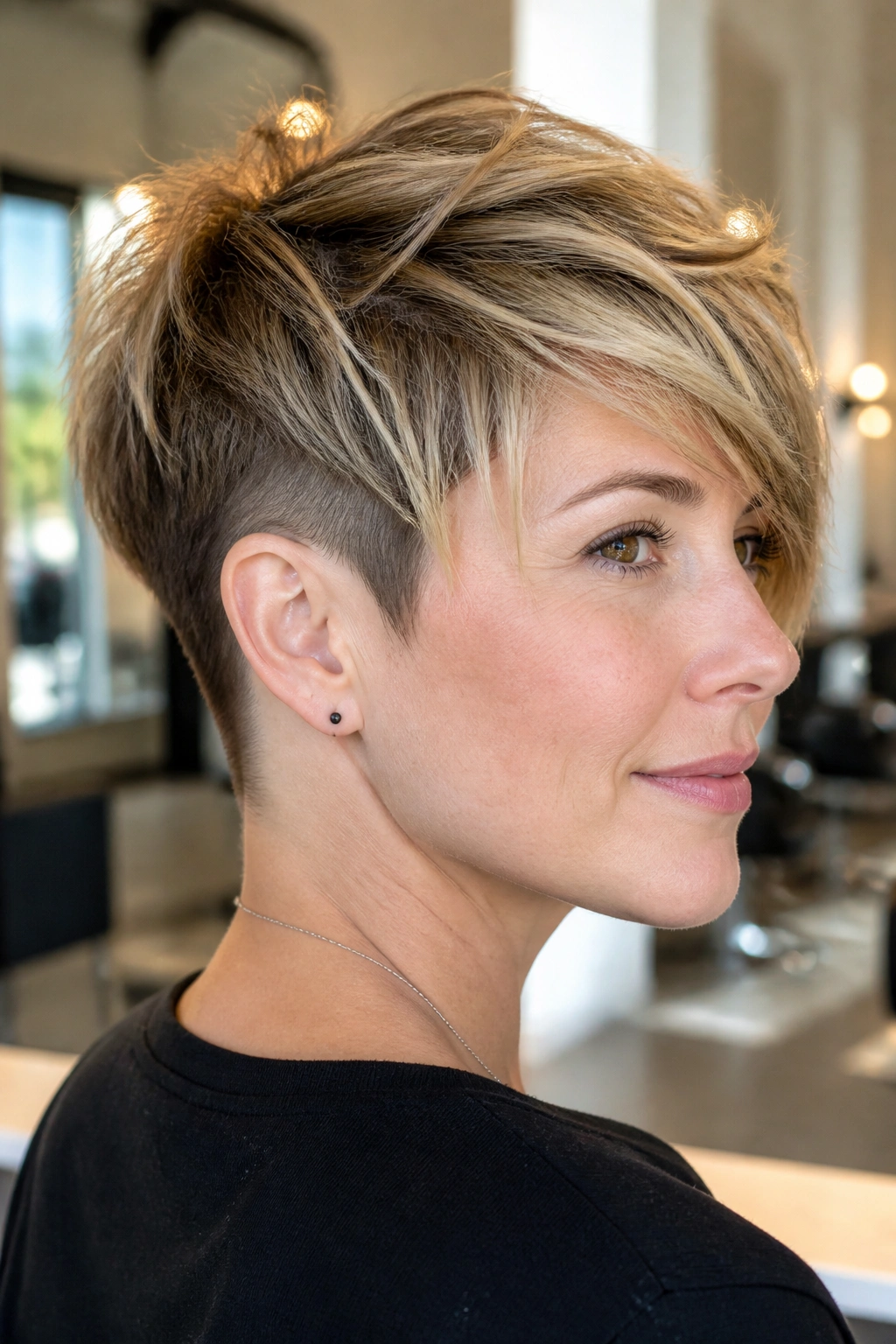 Close-up of a real woman showing an undercut at the nape beneath a long pixie top