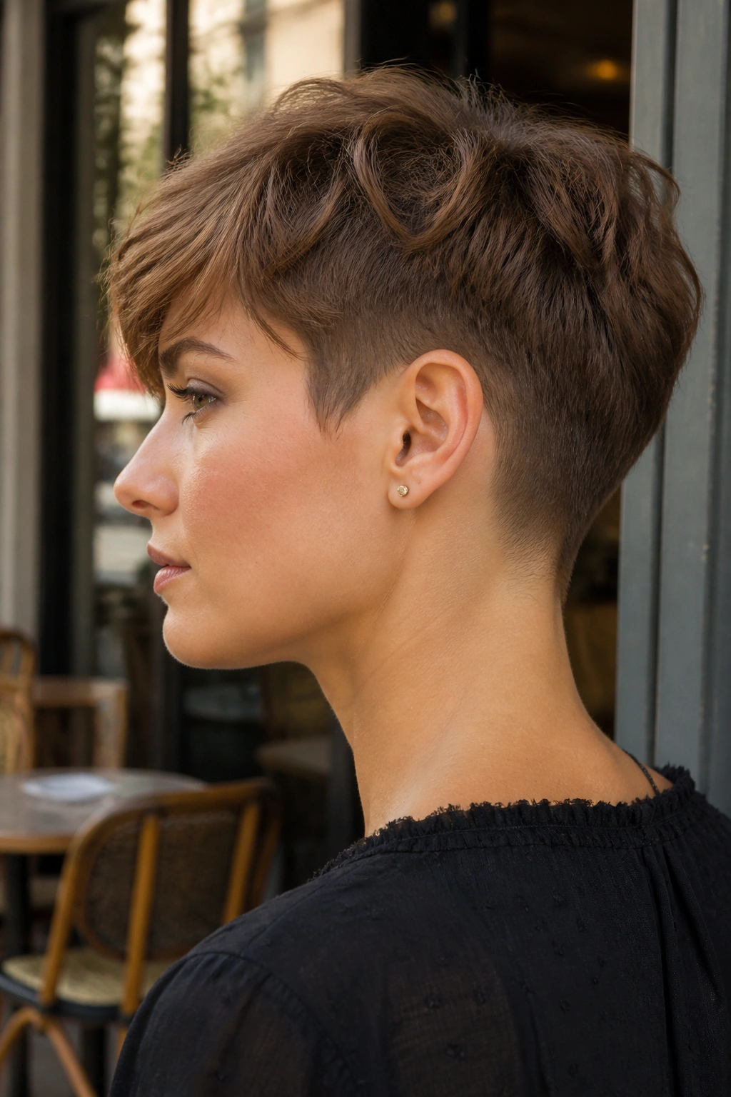 Side profile of a woman with an undercut pixie and tight nape.