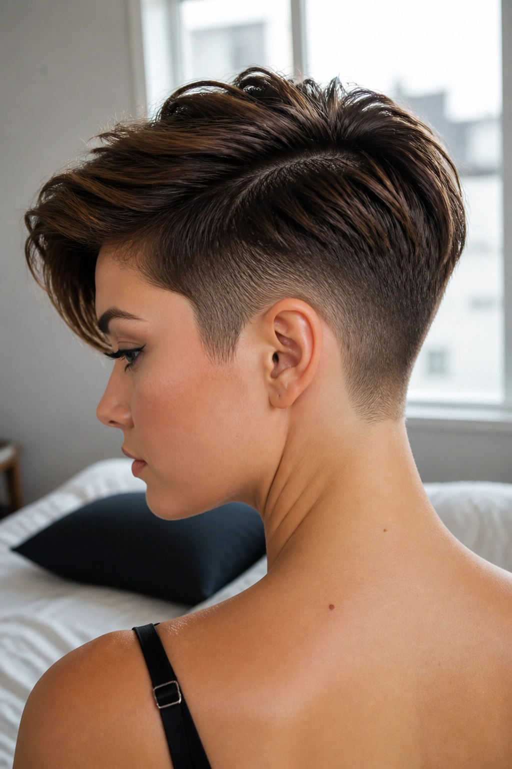Close-up portrait of a girl with an undercut pixie and clean neckline