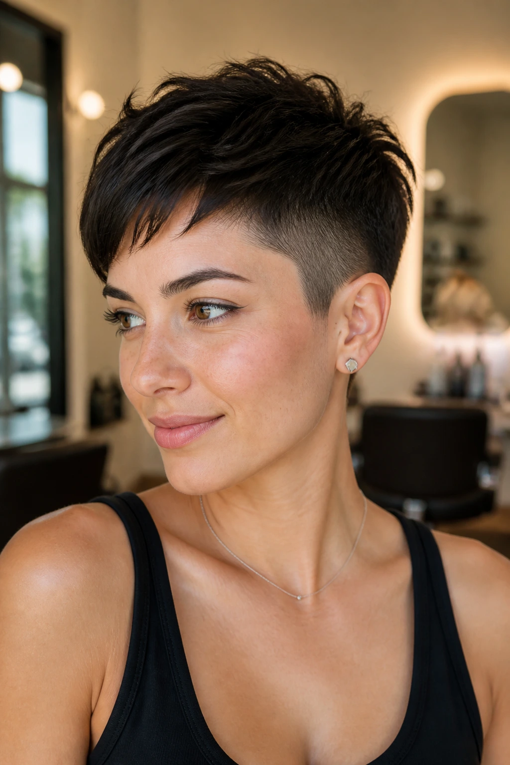 Real person with an undercut pixie on an oval face in a modern salon.