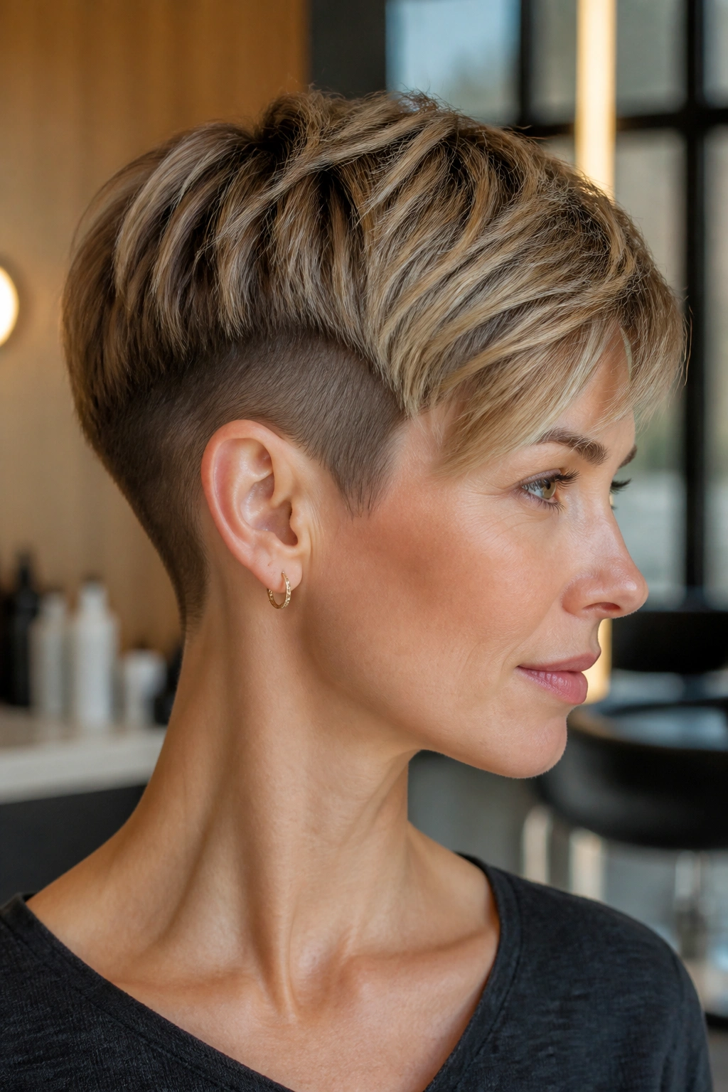 Close-up of a real woman with an undercut pixie and soft overhang