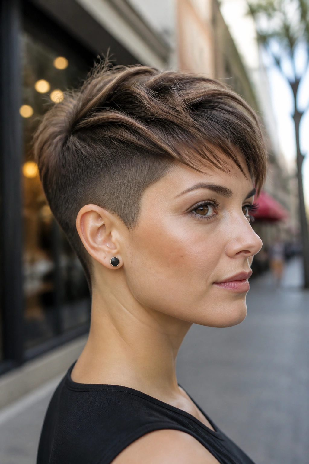 Profile portrait of a real woman with an undercut pixie.