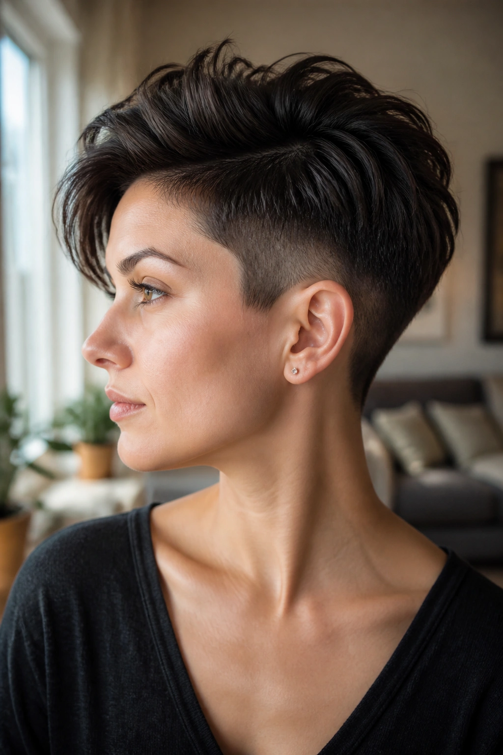 Close-up of a real woman with an undercut pixie in warm window light.