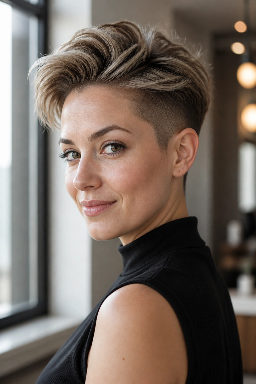 Close-up of a real person wearing an undercut pixie with lifted crown in natural light