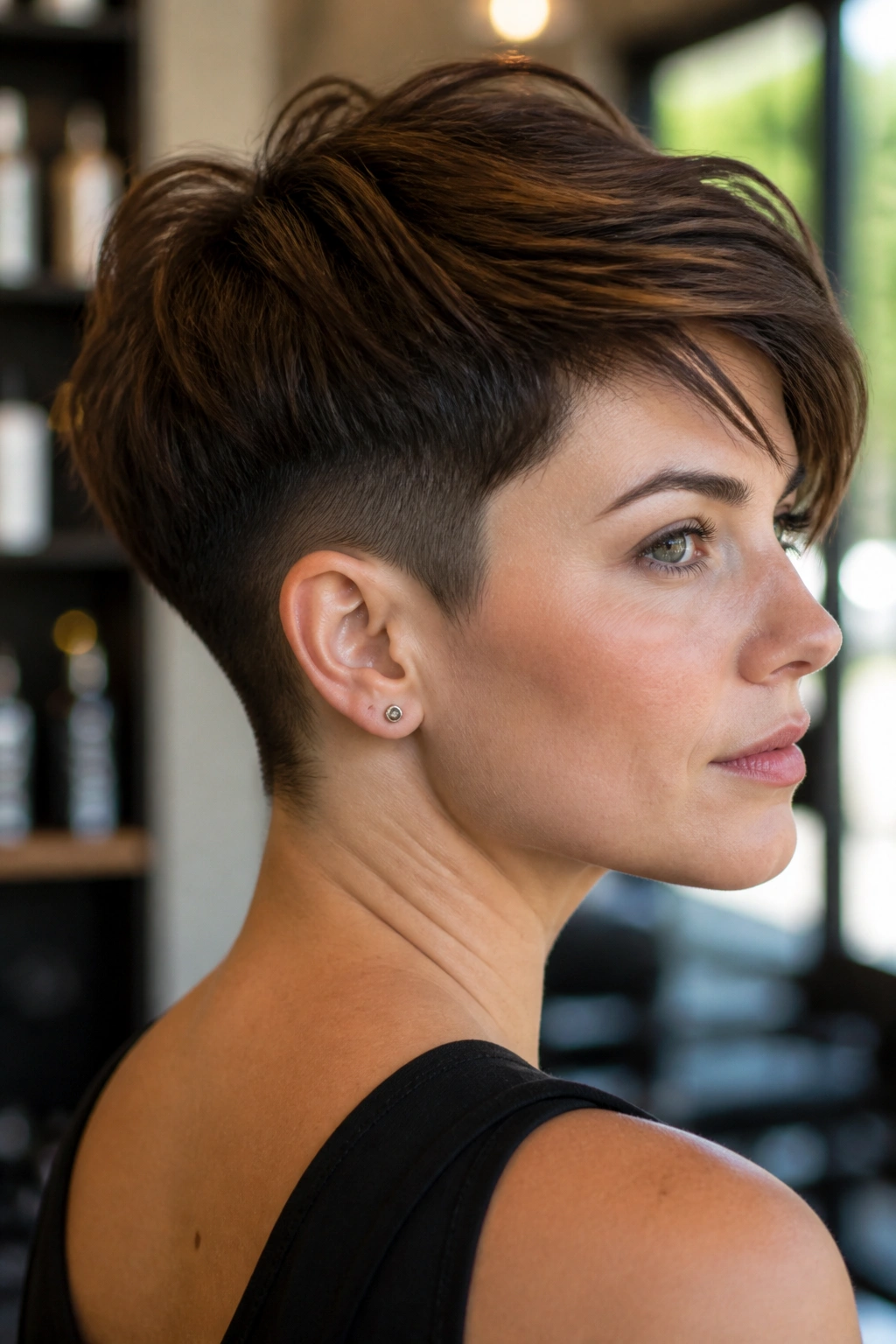 Close-up of a real woman with an undercut asymmetrical pixie in a salon setting