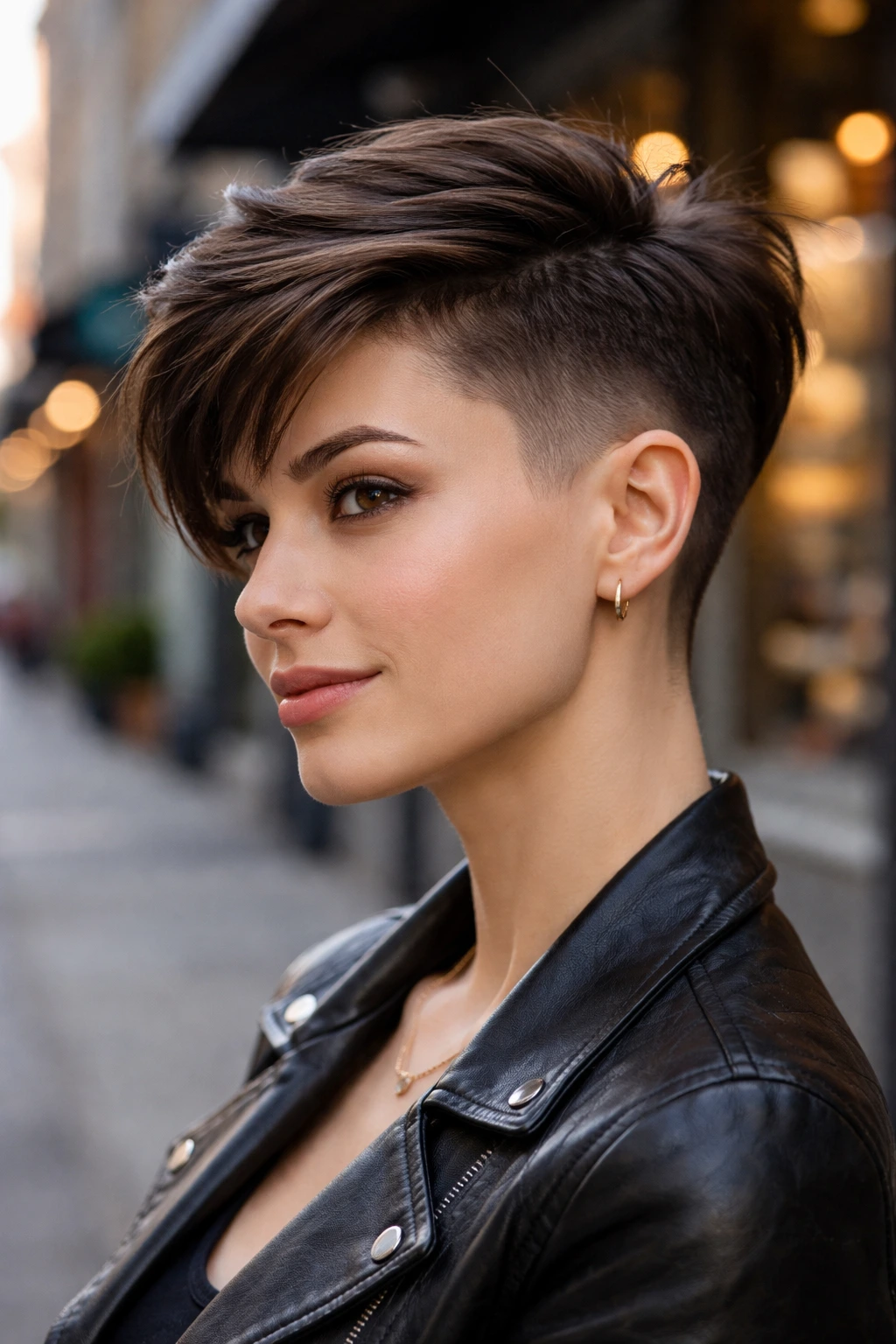 Close-up of a real woman with an undercut pixie showing the shaved lower sides.