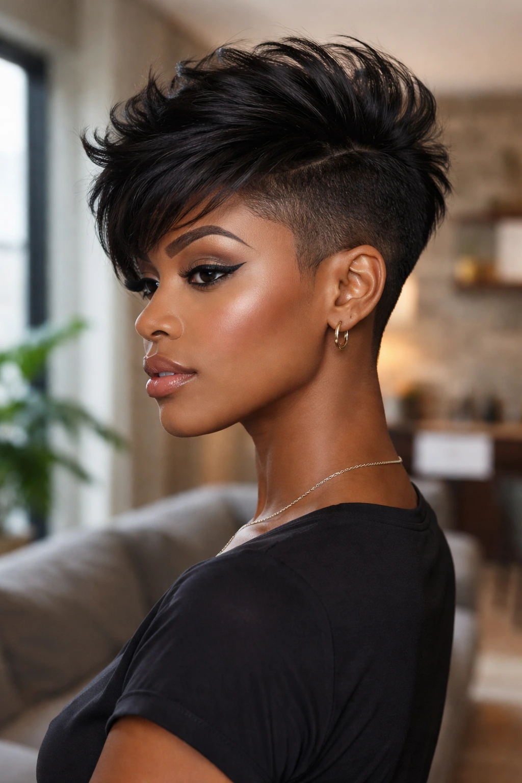 Close-up portrait of a real person with an undercut pixie hairstyle