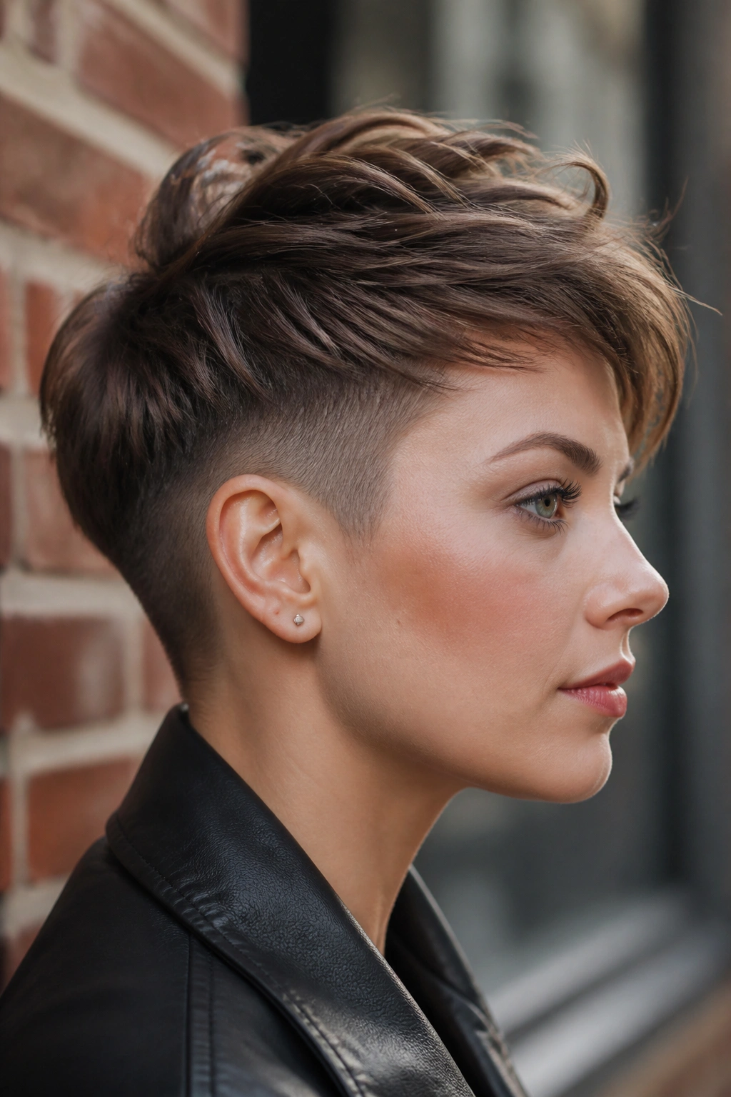 Close-up portrait of woman with undercut pixie showing fuller top