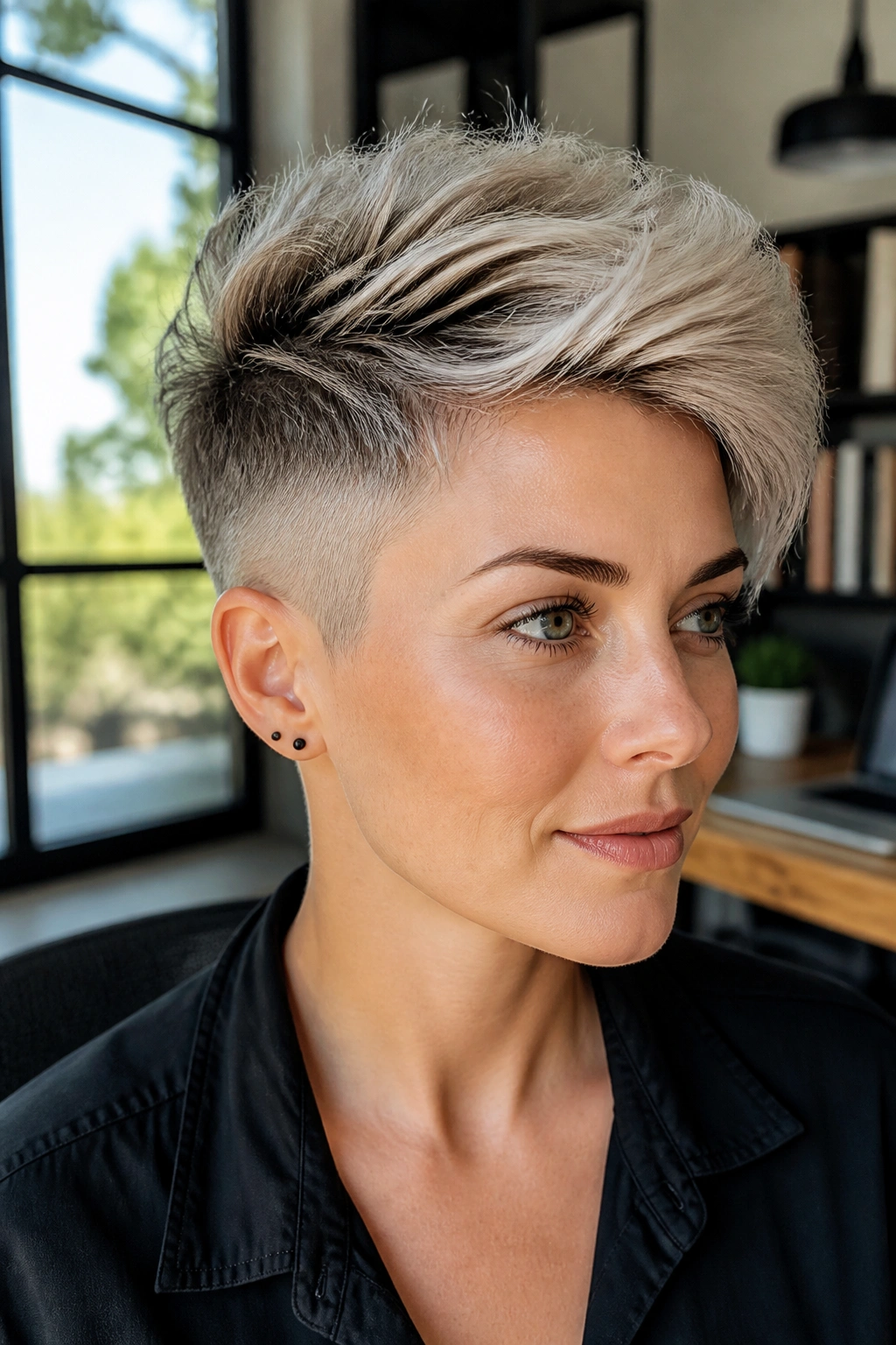Close-up portrait of a real person with an undercut pixie, visible top length and shaved sides.
