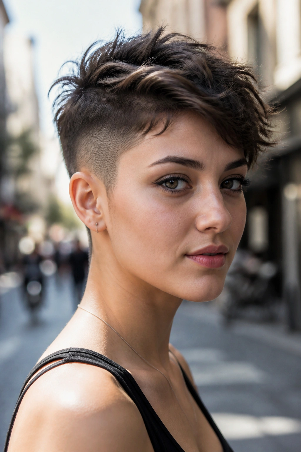 Portrait of a girl with an undercut pixie hairstyle