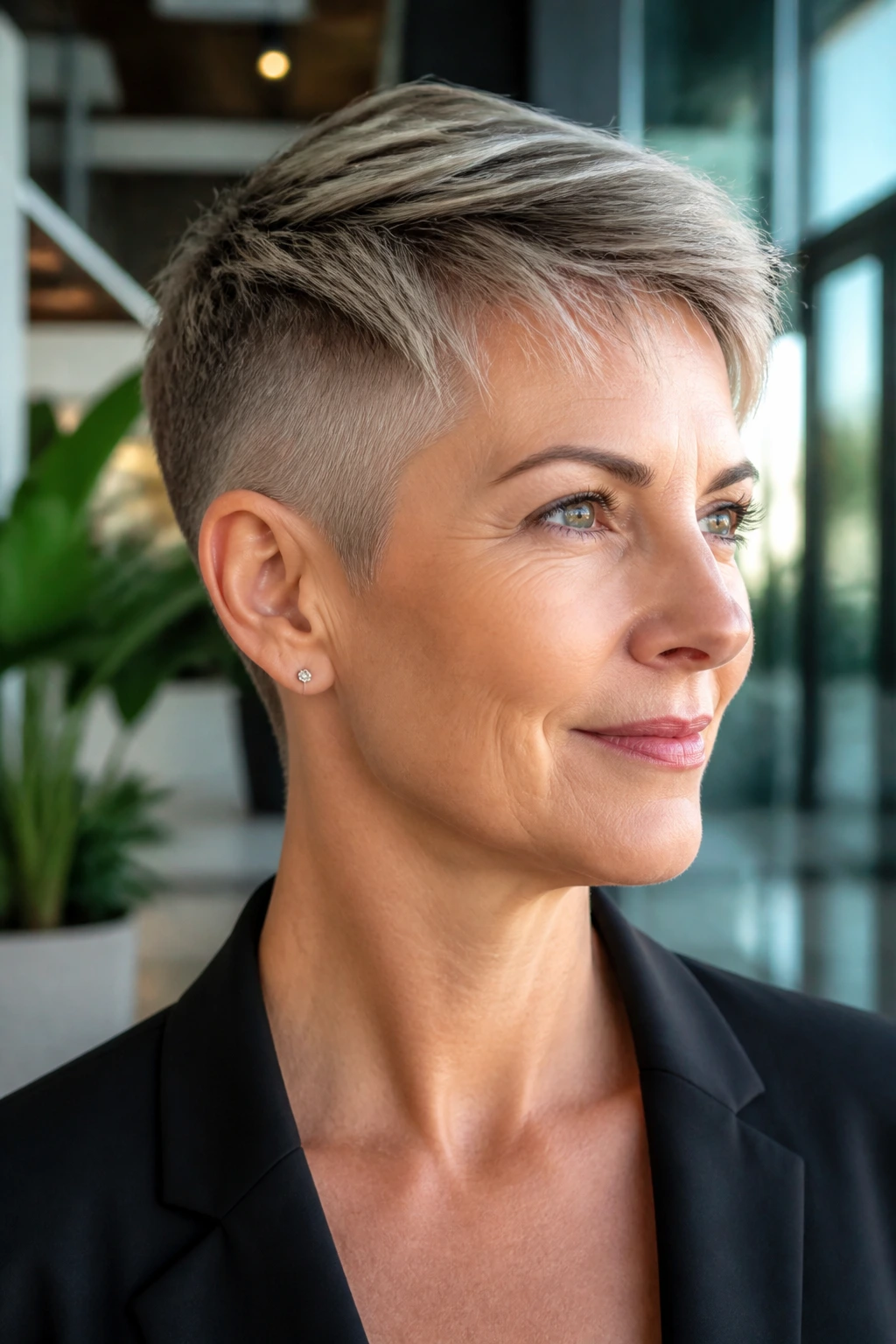 Close-up portrait of a real woman with an undercut pixie hairstyle, shaved sides and long top.