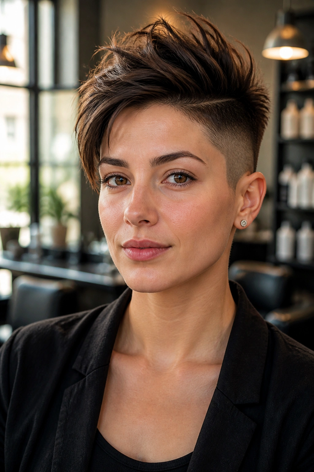 Close-up portrait of a real woman with an undercut pixie hairstyle, sides shaved, top lifted in a sunlit salon.