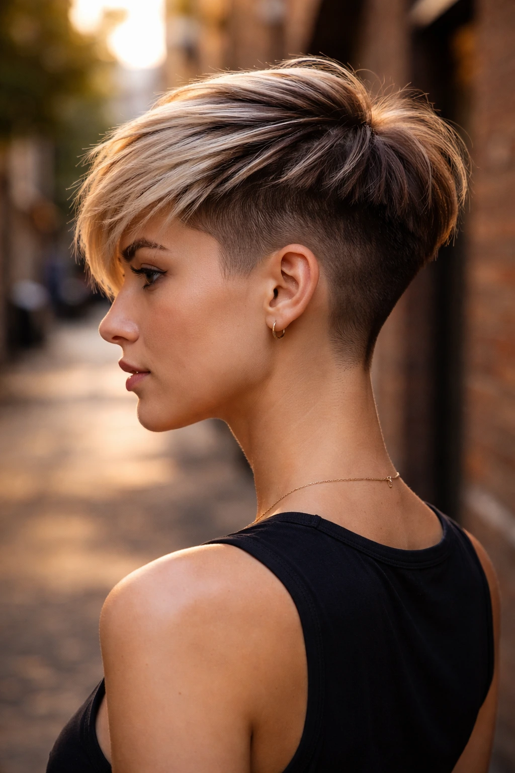 Side-profile of a real woman with an undercut pixie in urban golden hour light