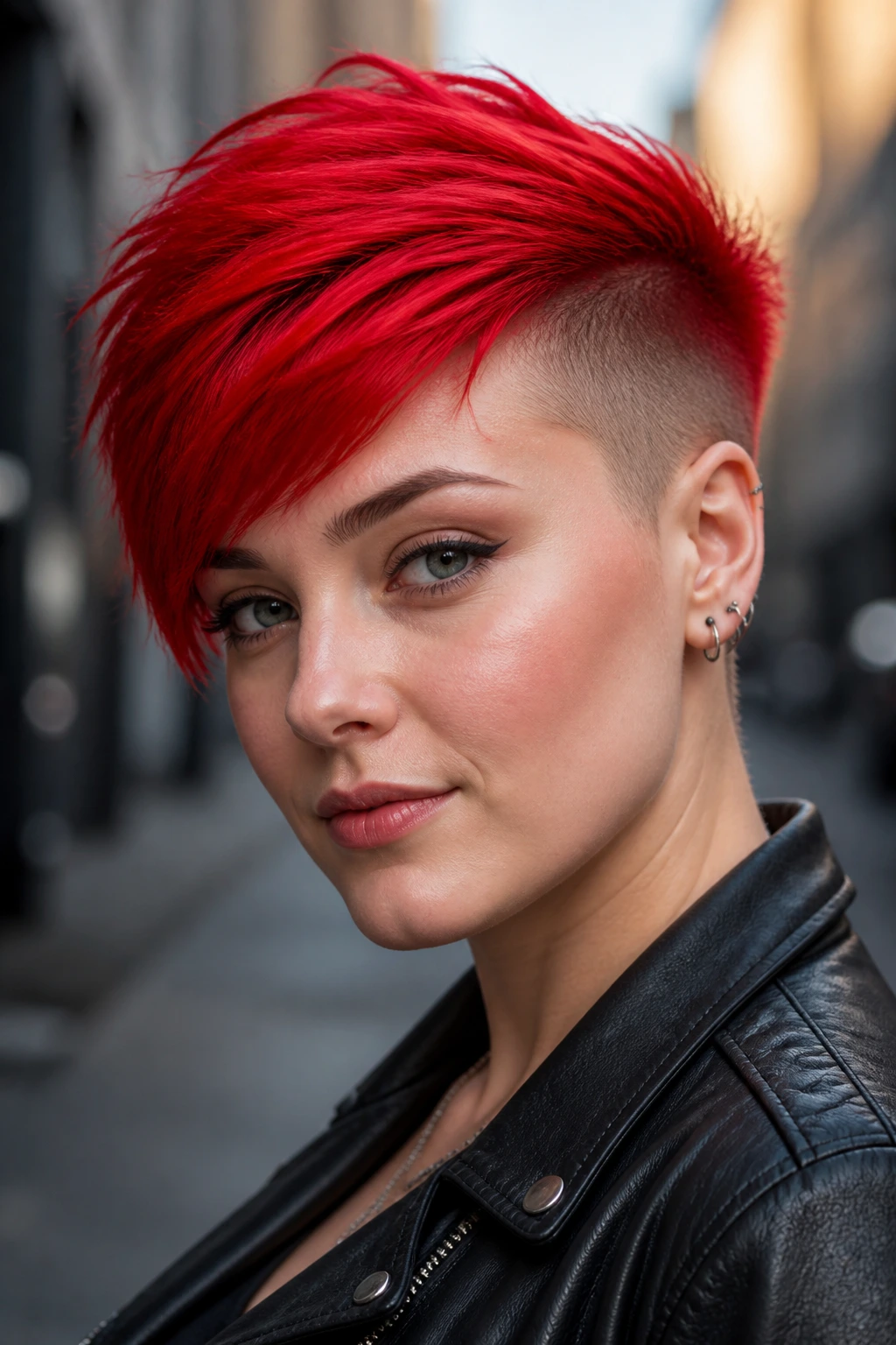Close-up of a real woman with an undercut pixie in vivid red