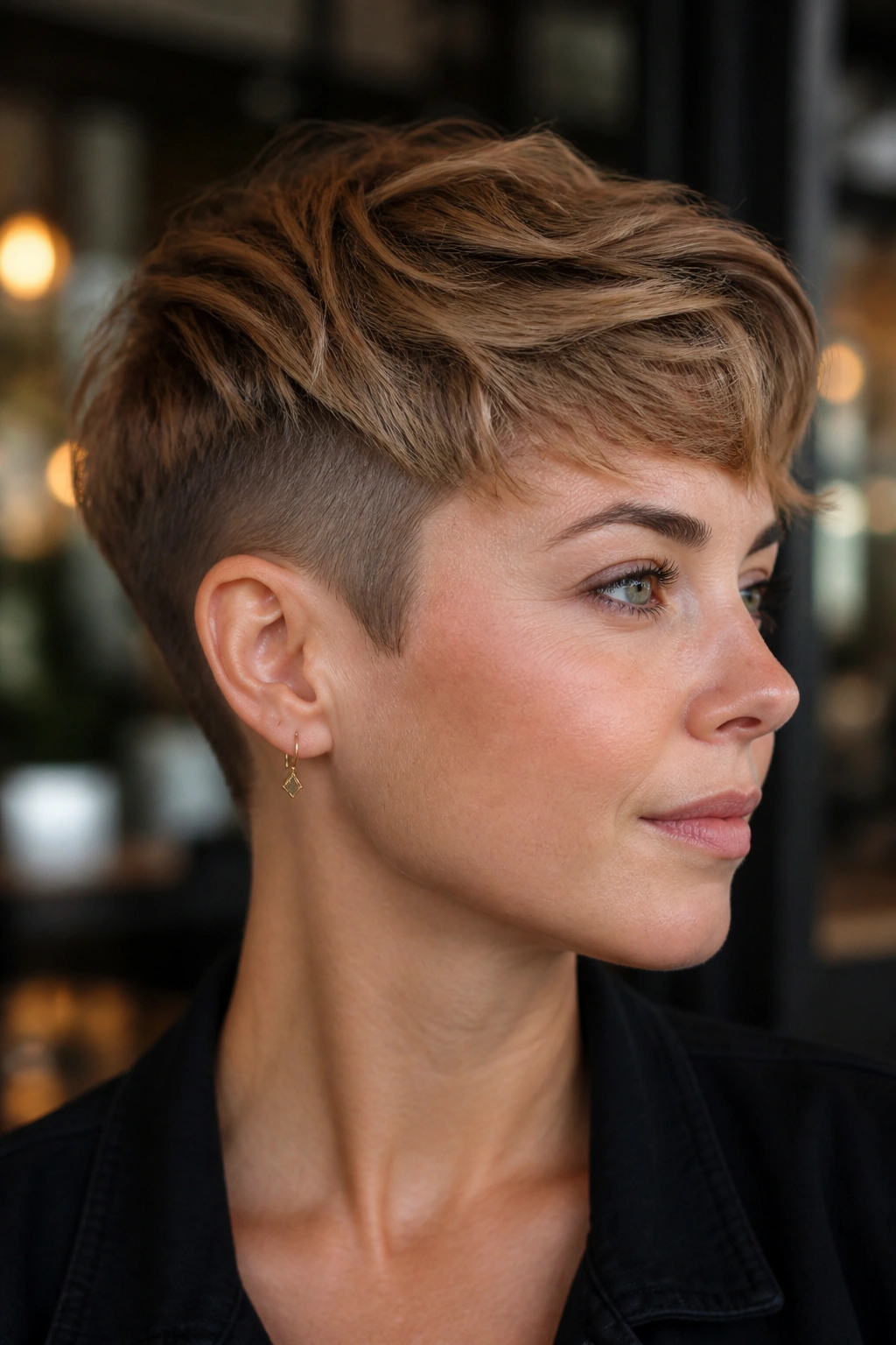 Close-up portrait of a real person with sandy brown undercut pixie