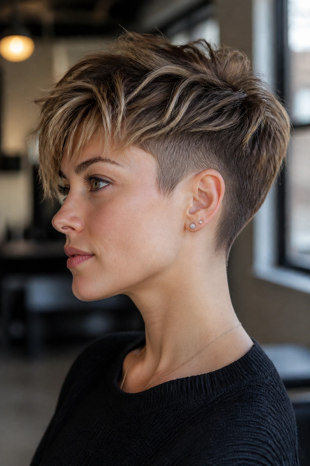 Portrait of real woman with undercut pixie and shaggy top, side profile visible.