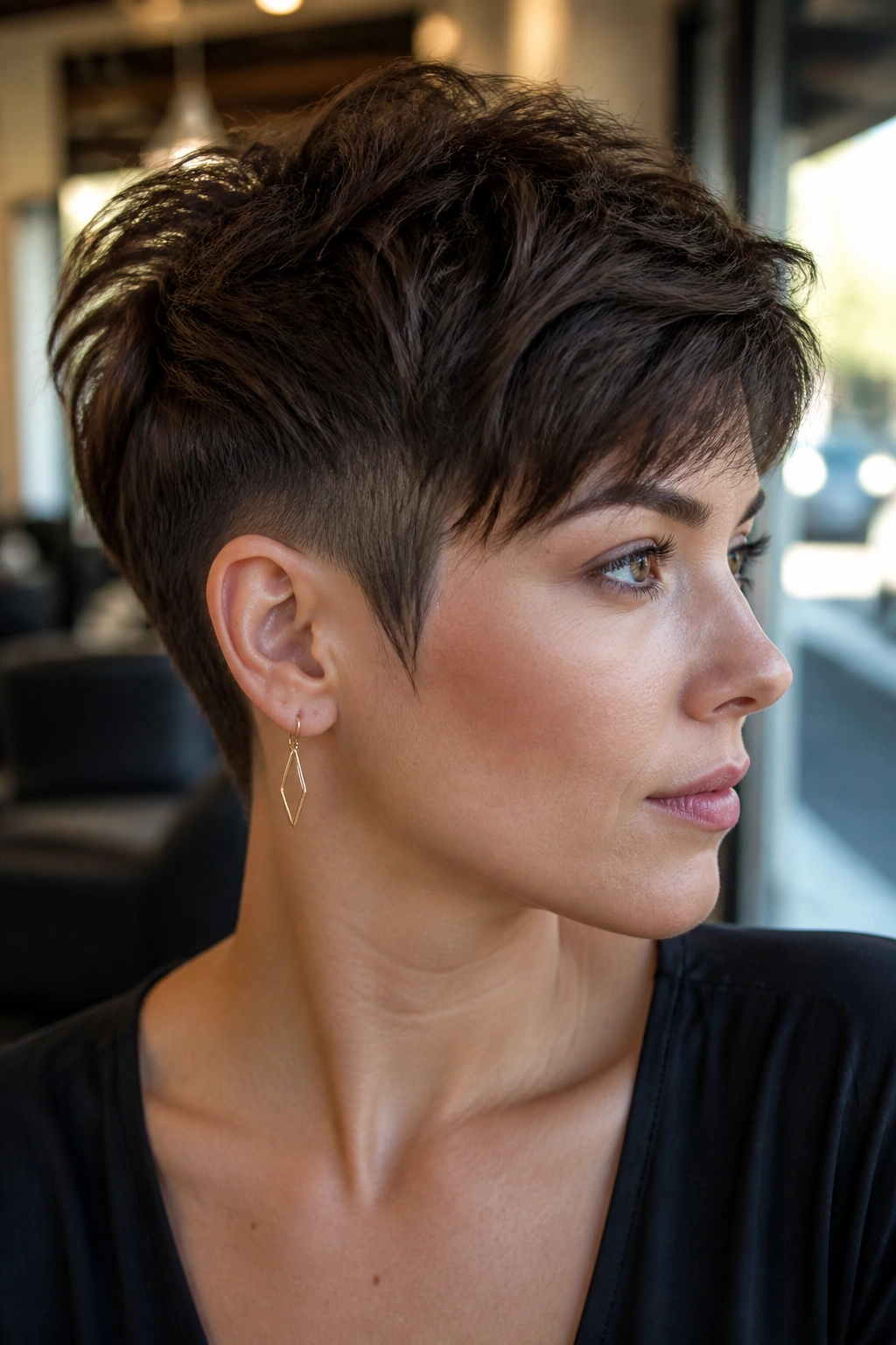 Close-up of a real woman with an undercut shaggy pixie and crown-length top.