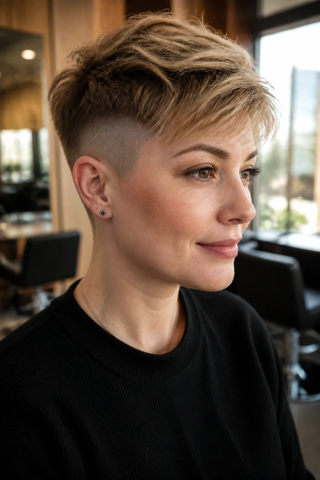 Close-up of a real woman with an undercut pixie and soft top in a sunlit salon