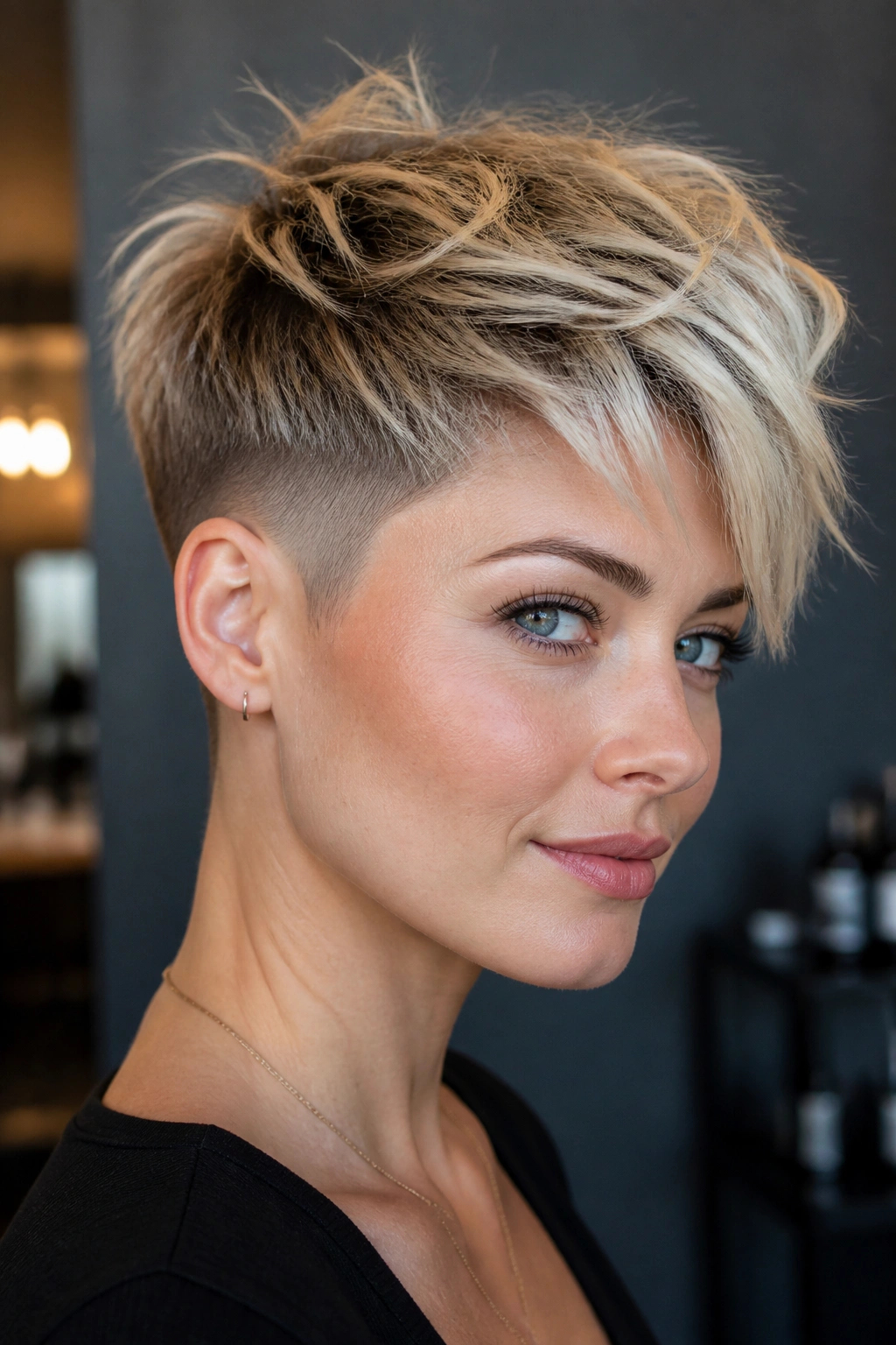 Real woman with undercut pixie showing contrast between top length and undercut.