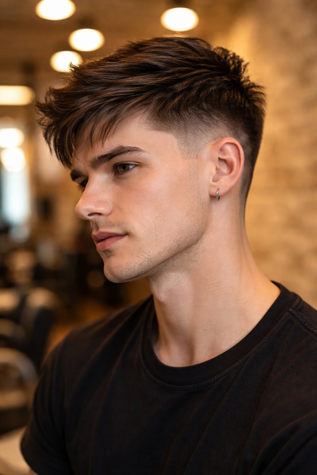 Close-up of a real person with an undercut pixie hairstyle in a salon