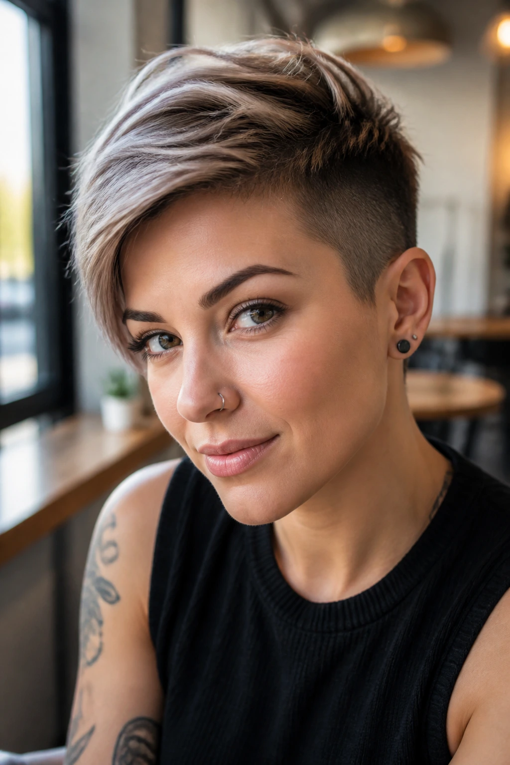 Close-up of a real woman with an undercut pixie and side-swept fringe in daylight from a cafe window
