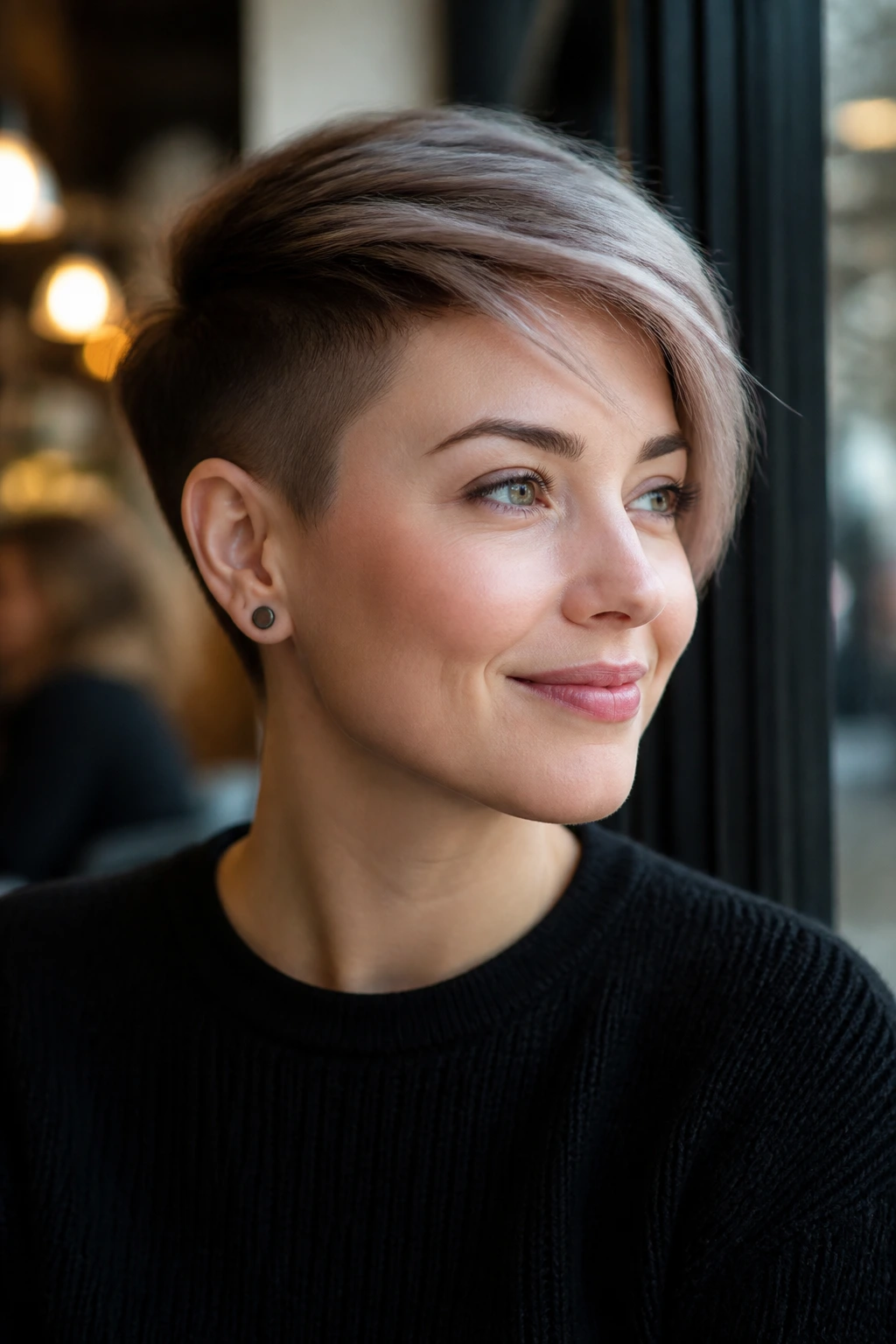 Close-up of a real woman with a side-swept undercut pixie hairstyle
