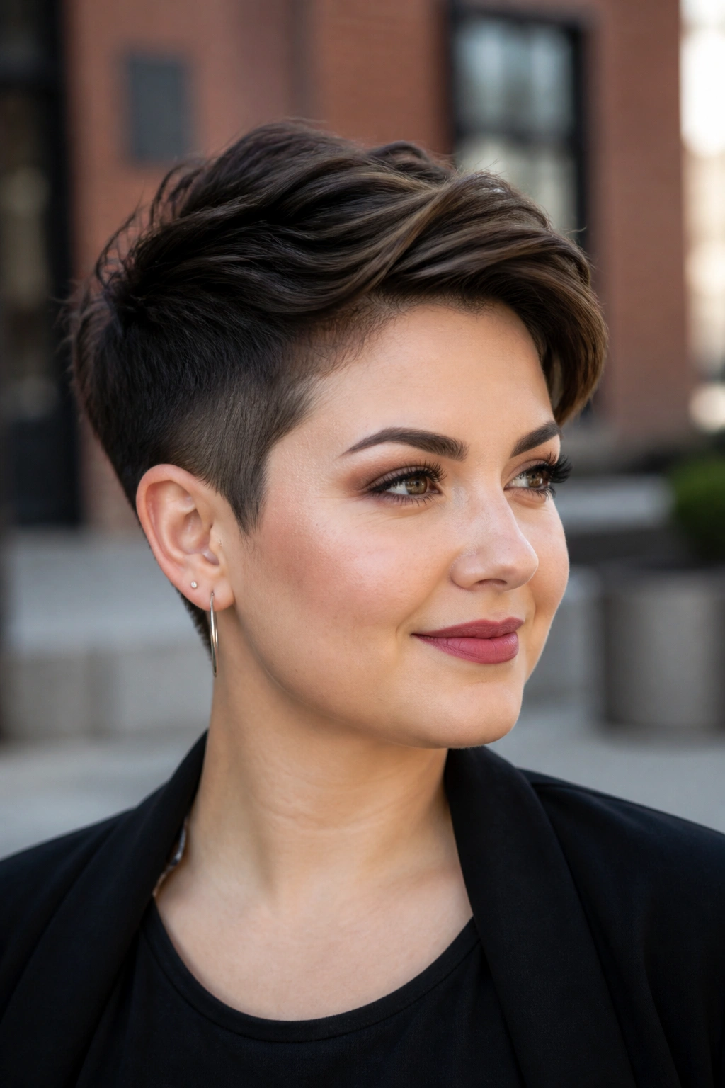 Real woman with undercut pixie hairstyle showing side volume