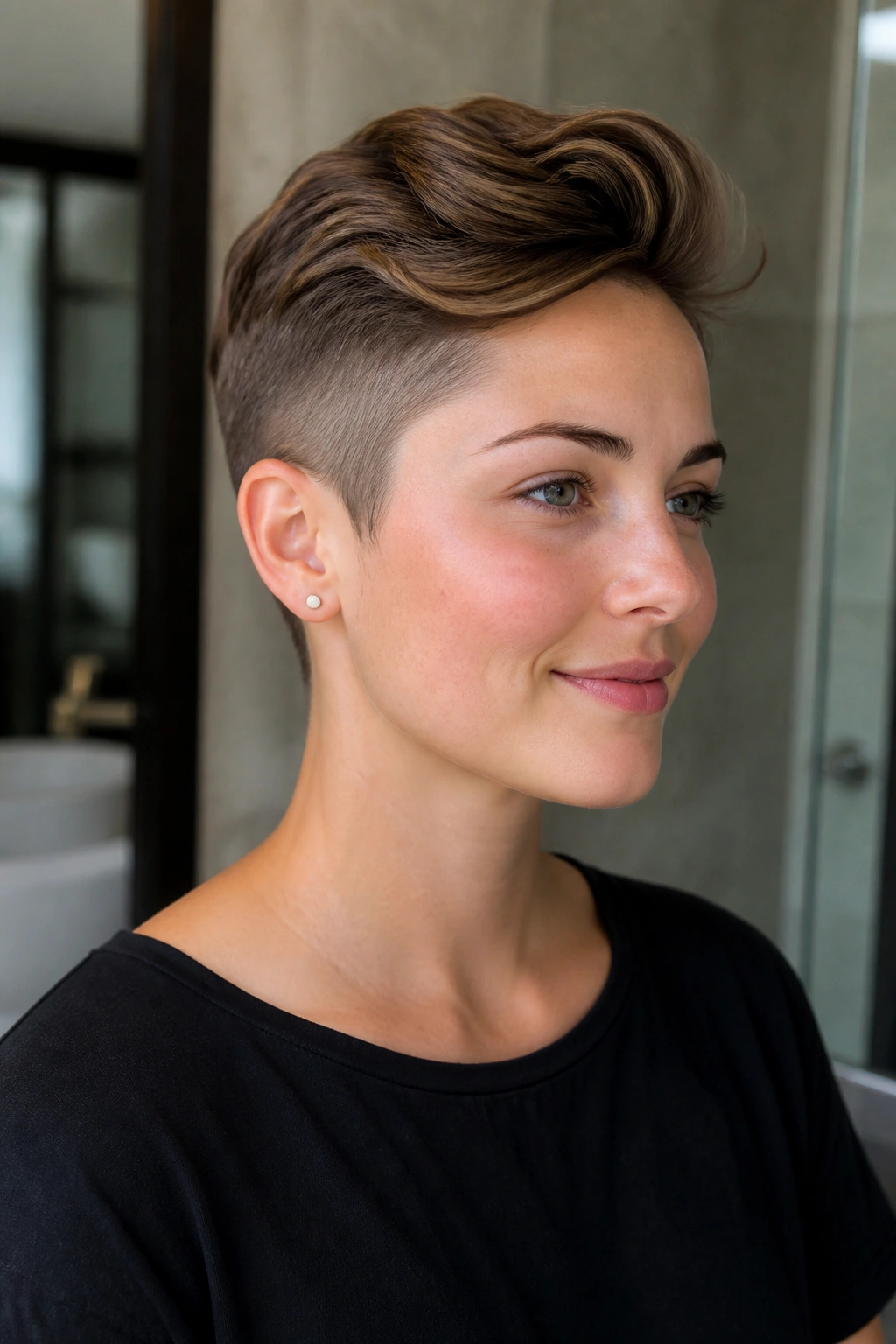 Close-up of a real woman with an undercut pixie and a soft top.