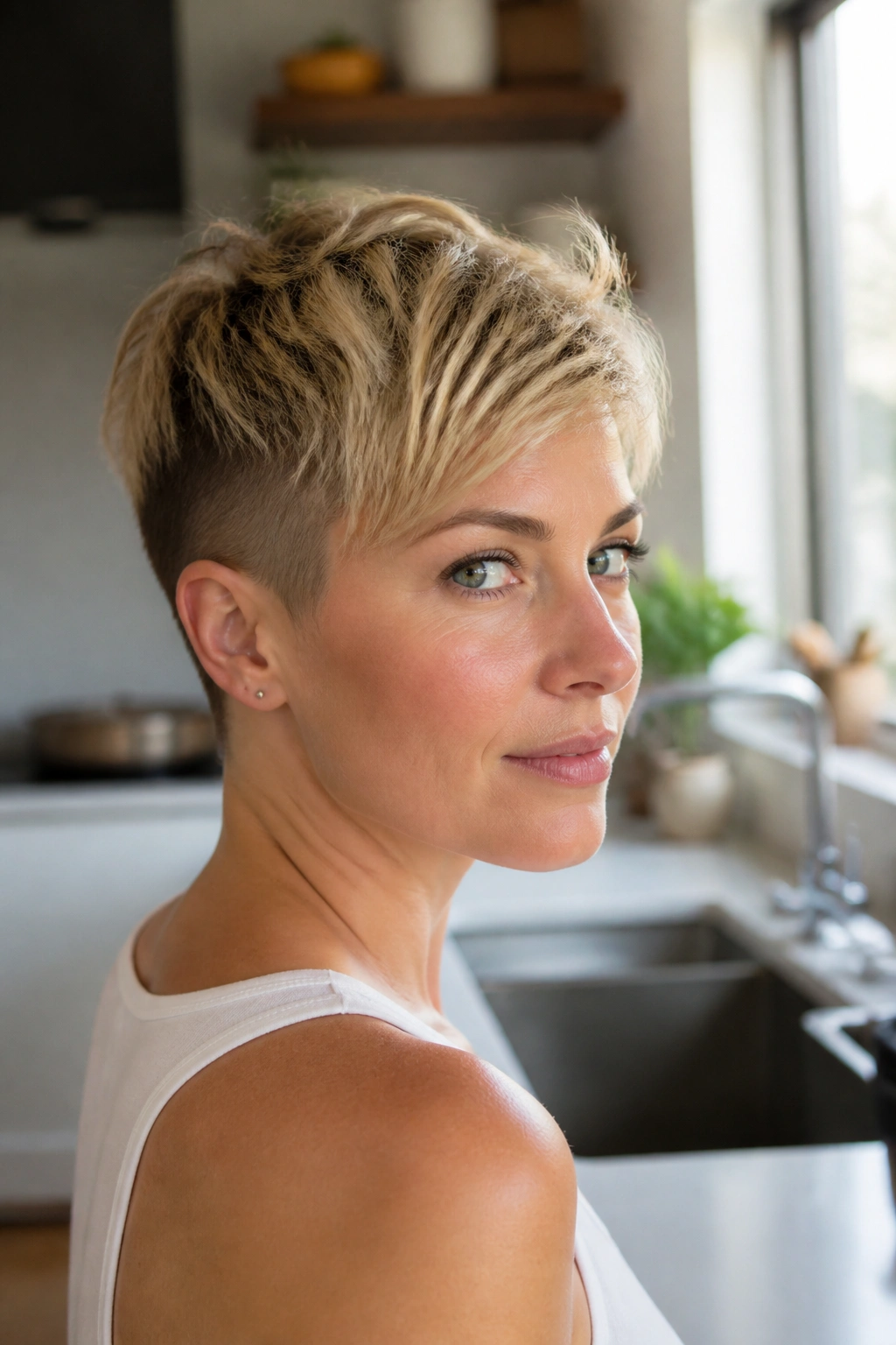 Close-up of a real woman with undercut pixie and soft top