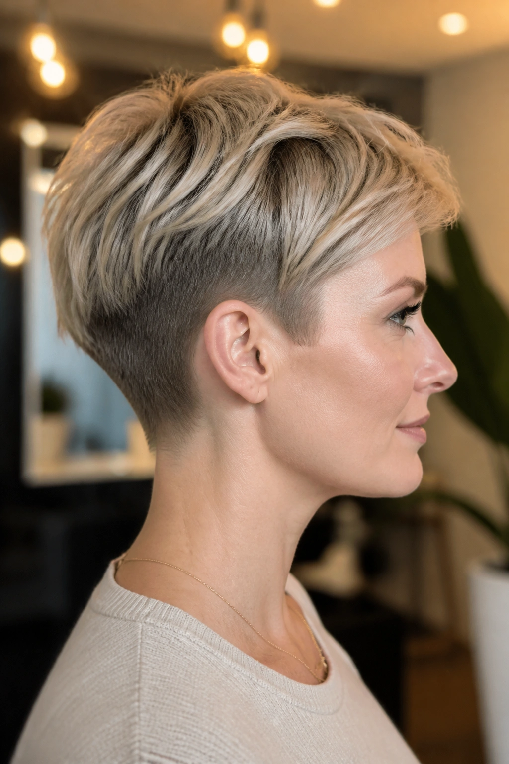 Side profile of real woman with undercut pixie and soft top