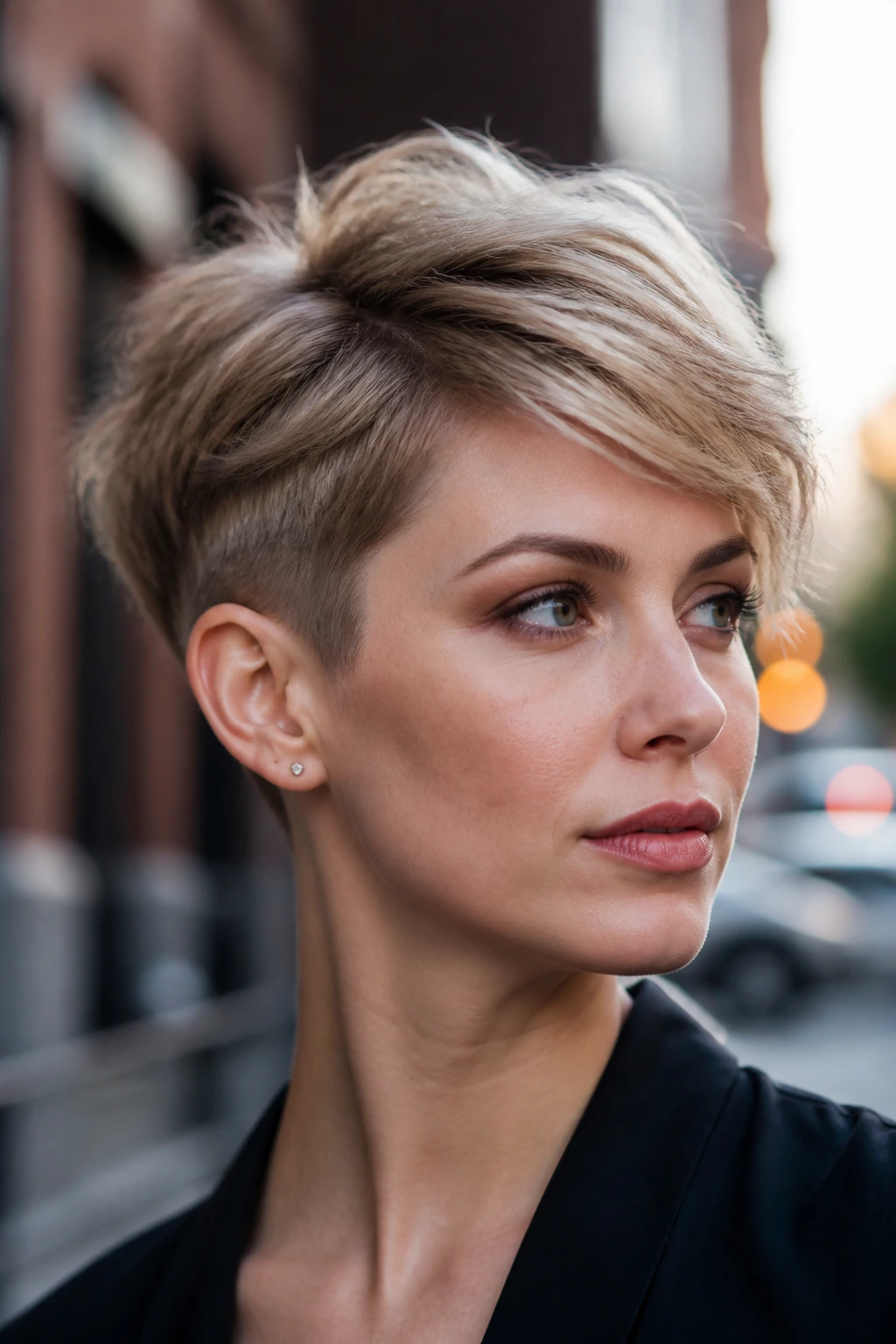 Real woman with undercut pixie and soft top in urban natural light