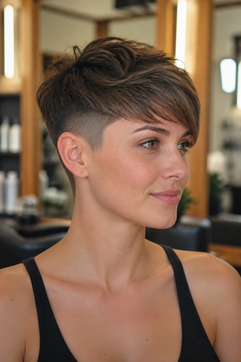 Portrait of a real woman with an undercut pixie and a soft top length.