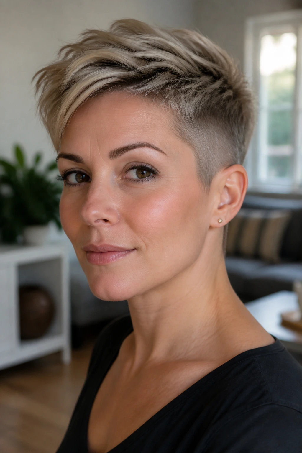 Close-up portrait of a woman with an undercut pixie and soft top