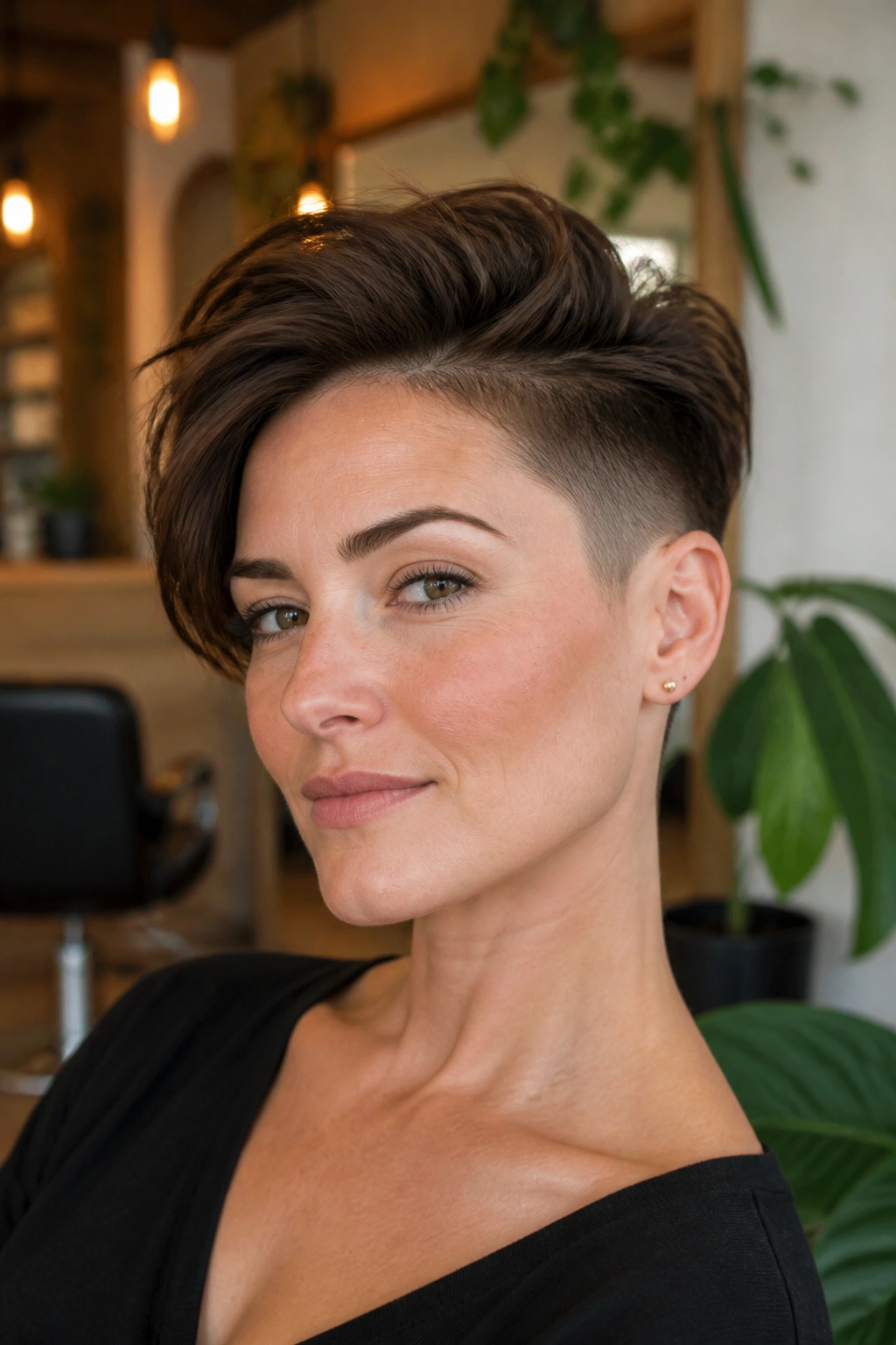 Close-up portrait of a real woman with an undercut pixie for square faces