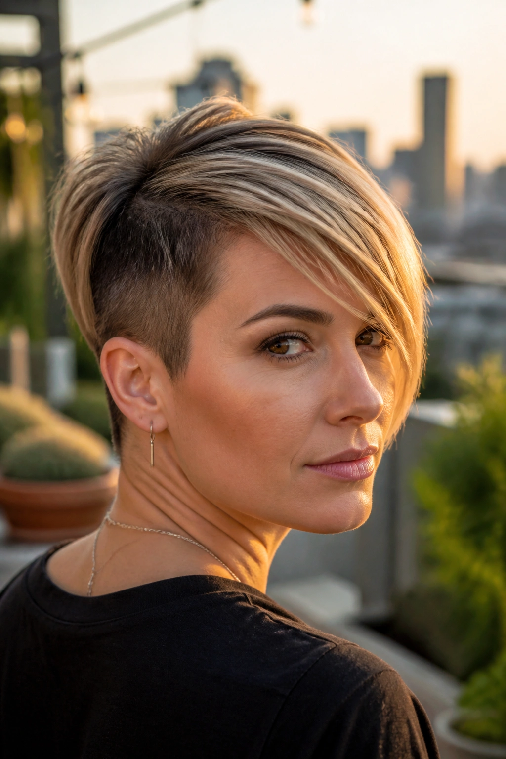 Portrait of a woman with an undercut pixie and sweeping fringe